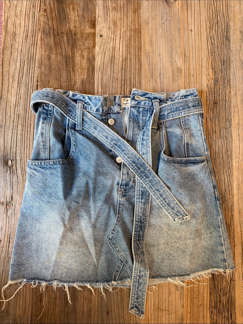 We The Free Light Blue Denim Mini Skirt with Tie Waist